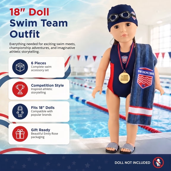 Emily Rose 18" Doll Swim Team Outfit, 6-Piece Swimmer Clothes & Accessories Set, Gift Boxed, Compatible with American Girl Dolls