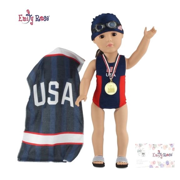 Emily Rose 18" Doll Swim Team Outfit, 6-Piece Swimmer Clothes & Accessories Set, Gift Boxed, Compatible with American Girl Dolls