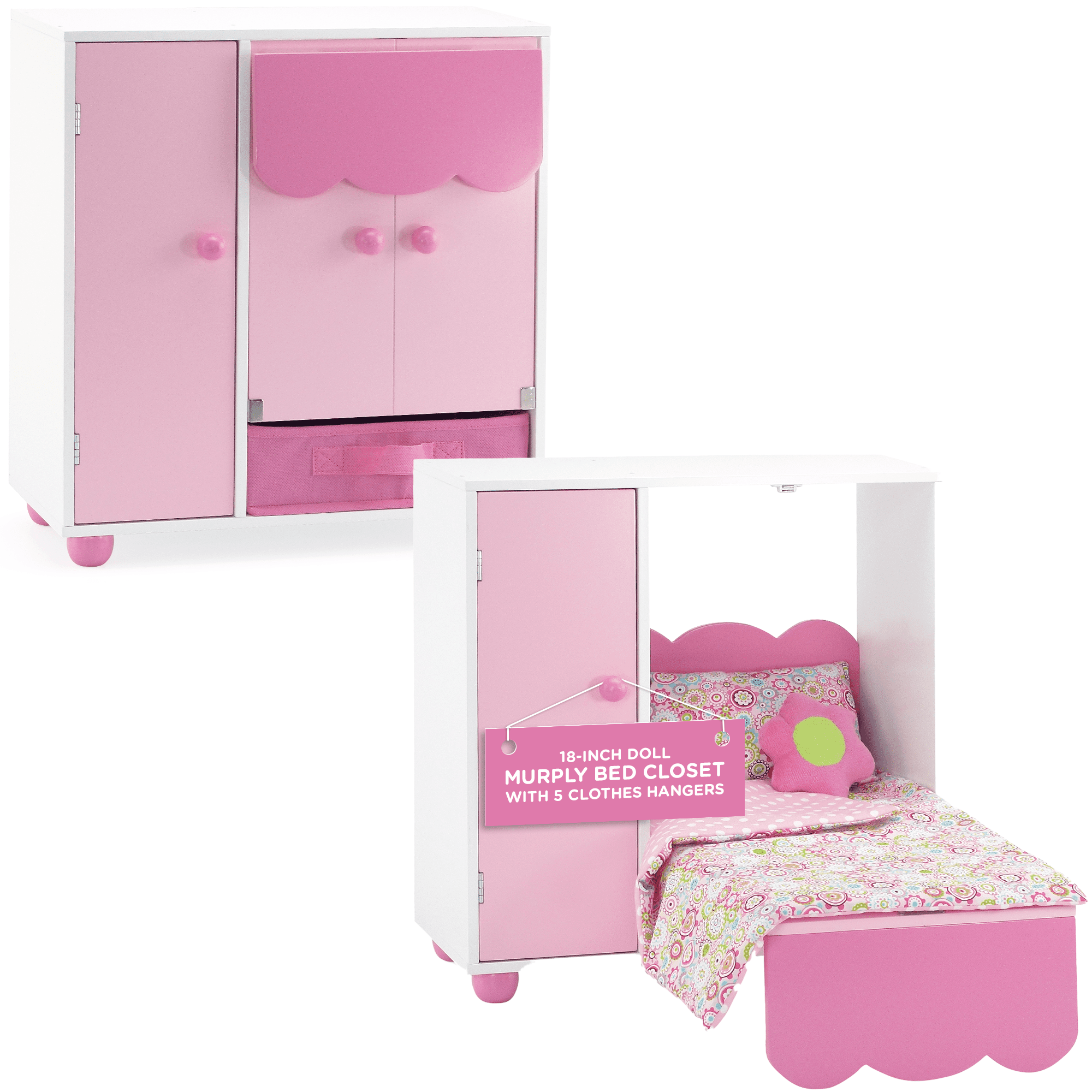 Emily Rose 18 Inch Doll Furniture All in One Space Saving Murphy 18" Doll Bed with Doll Clothes Closet and Clothing Storage Bin  (Mom's Choice Award Winner!) | Fits 18" American Girl and Similar Dolls