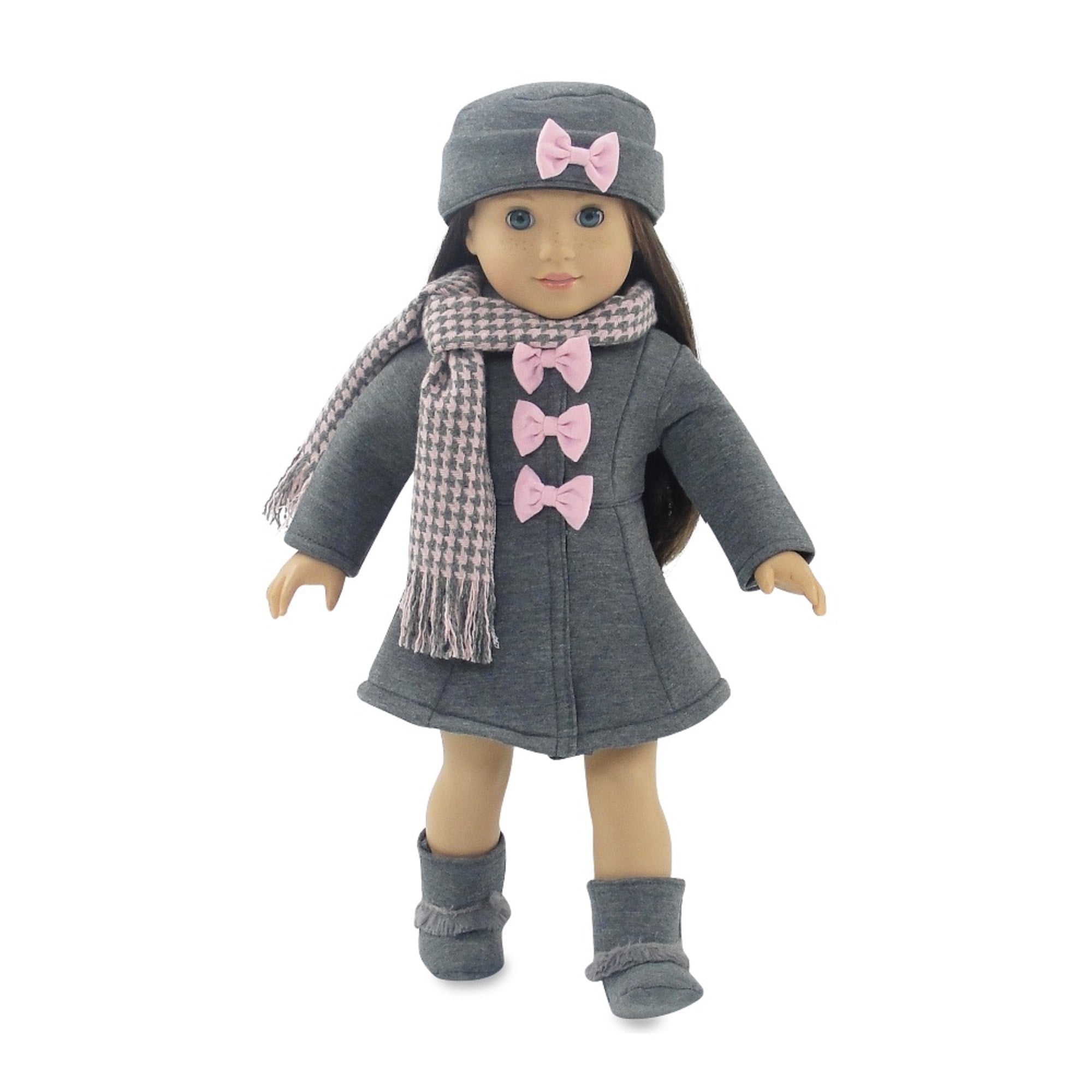 Emily Rose 18-inch Doll Clothes 4-PC Grey and Pink Winter Jacket Outfit, Includes Hat, Boots and Scarf