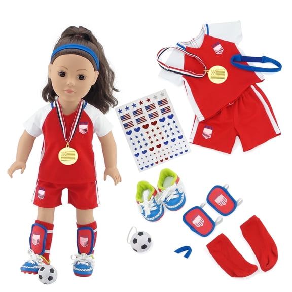 Emily Rose 18 Inch Doll Soccer Outfit 9 Piece Sports Uniform Set with Cleats, Shin Guards, Soccer Ball, Medal & Accessories Fits American Girl Dolls