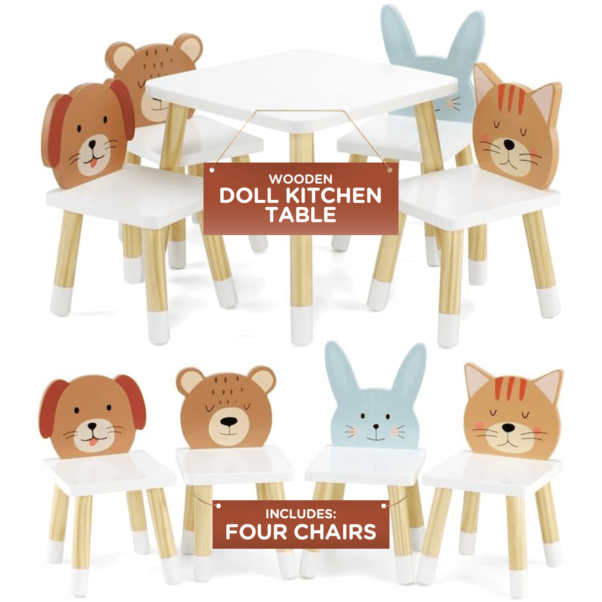 Emily Rose 18 Inch Doll Wooden Kitchen Table and 4 Chair Dining Set Adorable Animals Theme | 18-in Doll Furniture Accessory - Compatible with American Girl Dolls