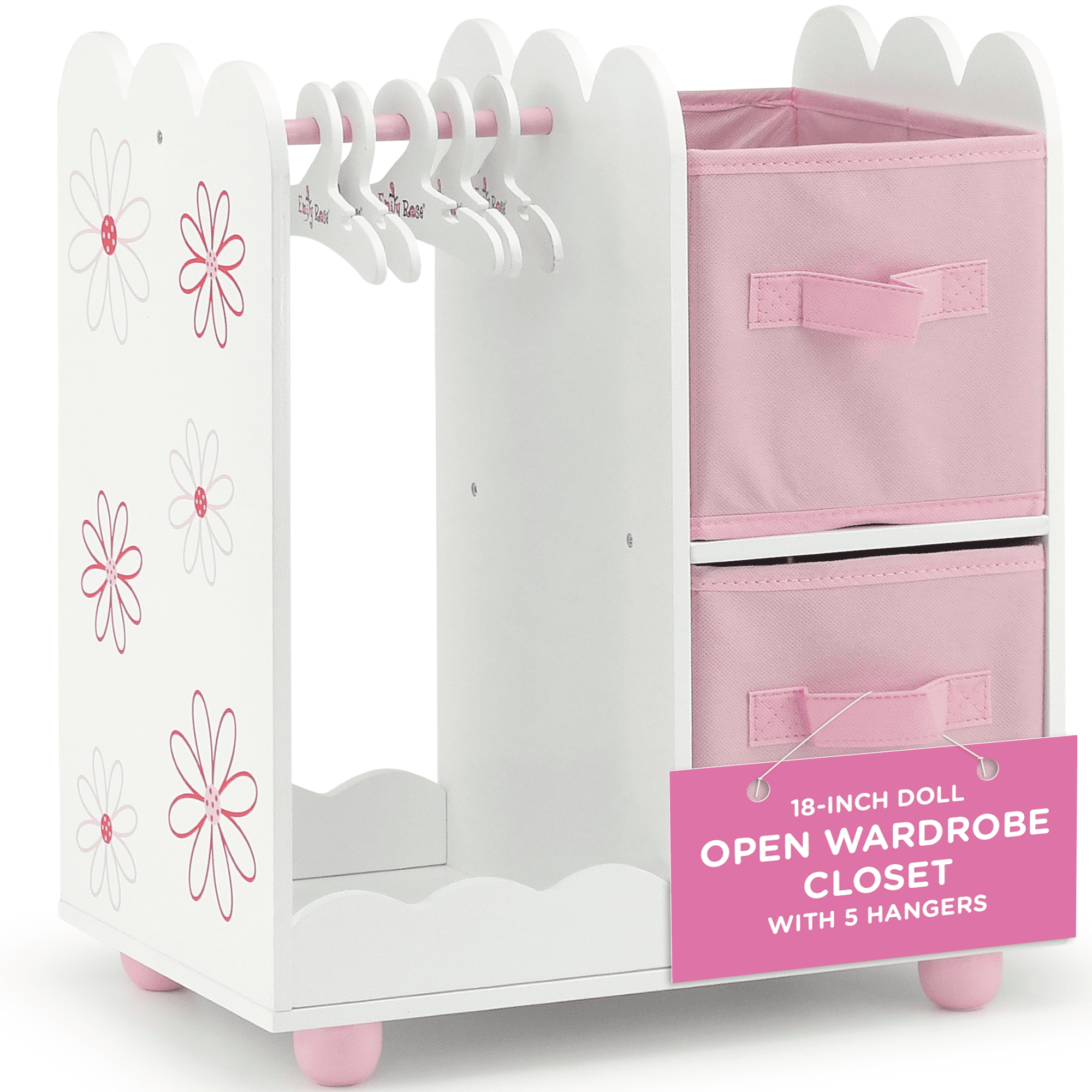 Emily Rose 18 inch Doll Clothes Pink Storage Open Wardrobe Closet with 2  Large Storage Bins and 5 Clothes Hangers