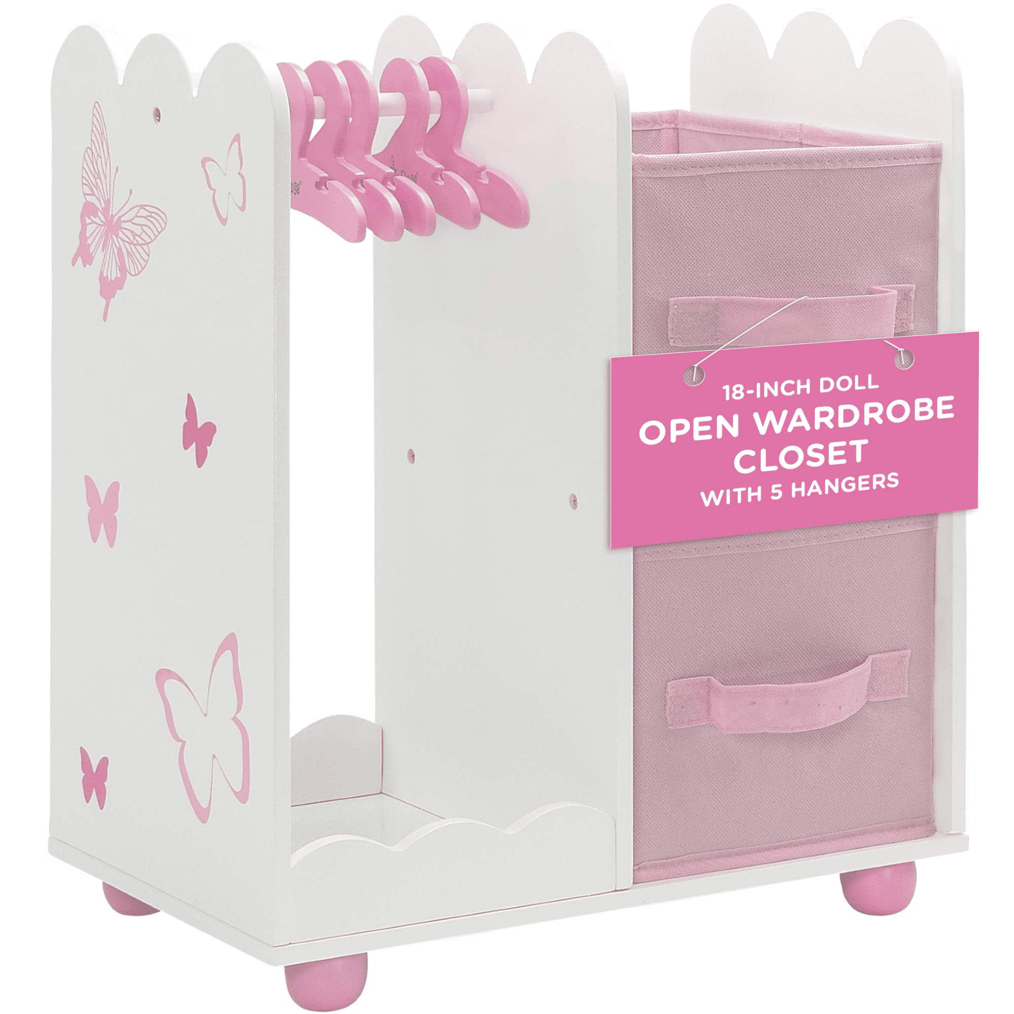 White and Pink Wooden Doll Closet with Butterfly Design