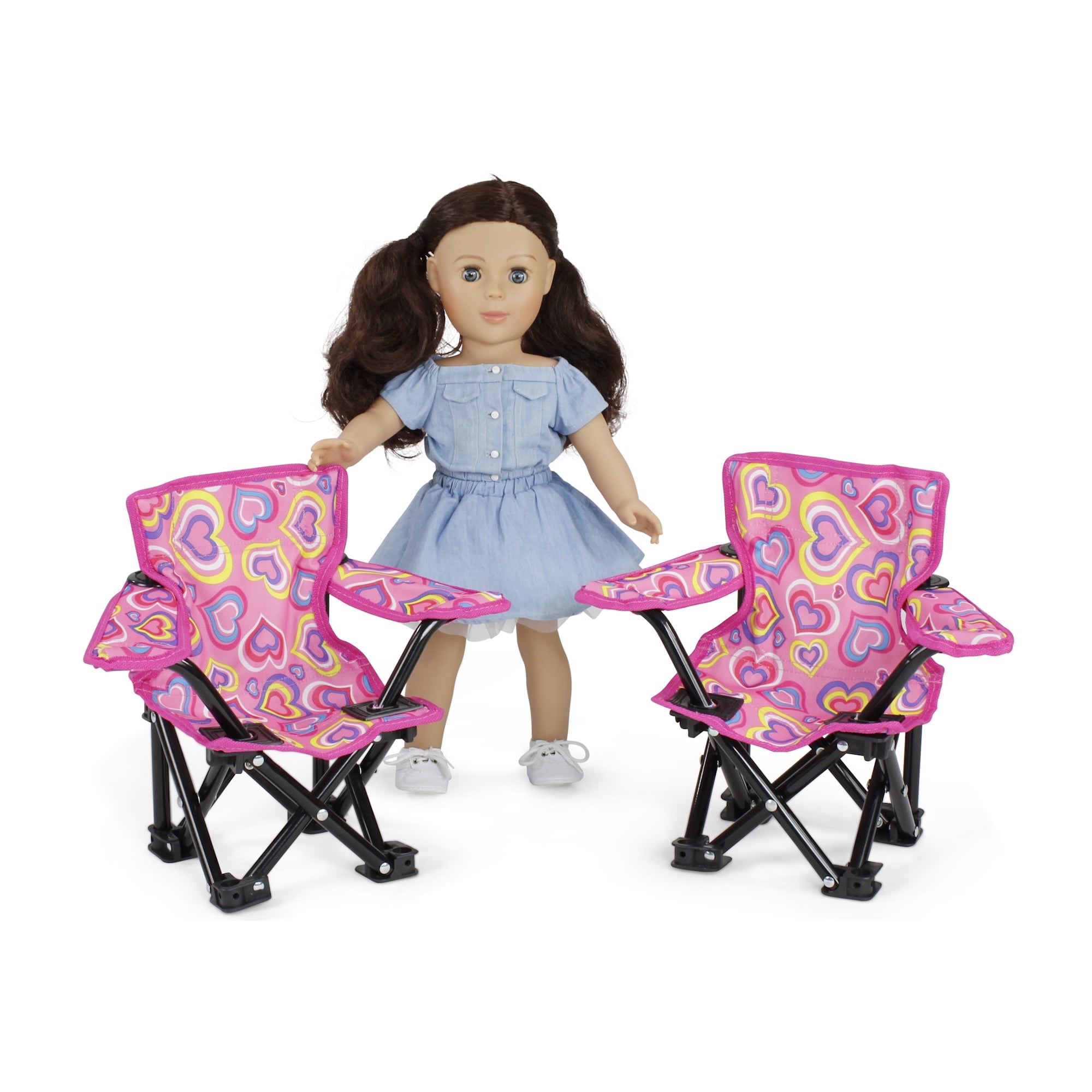 Emily Rose Doll Accessories Playful Hearts Pink and White Camping Sports Chairs, Fits 14-18 Inch Dolls