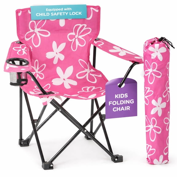 Emily Rose Kids Folding Chair | Pink Kids Beach Camping Chair for Girls with Safety Lock, Cup Holder & Carry Case- Toddler Chair for Tailgate, Travel, Lawn- for Indoor & Outdoor