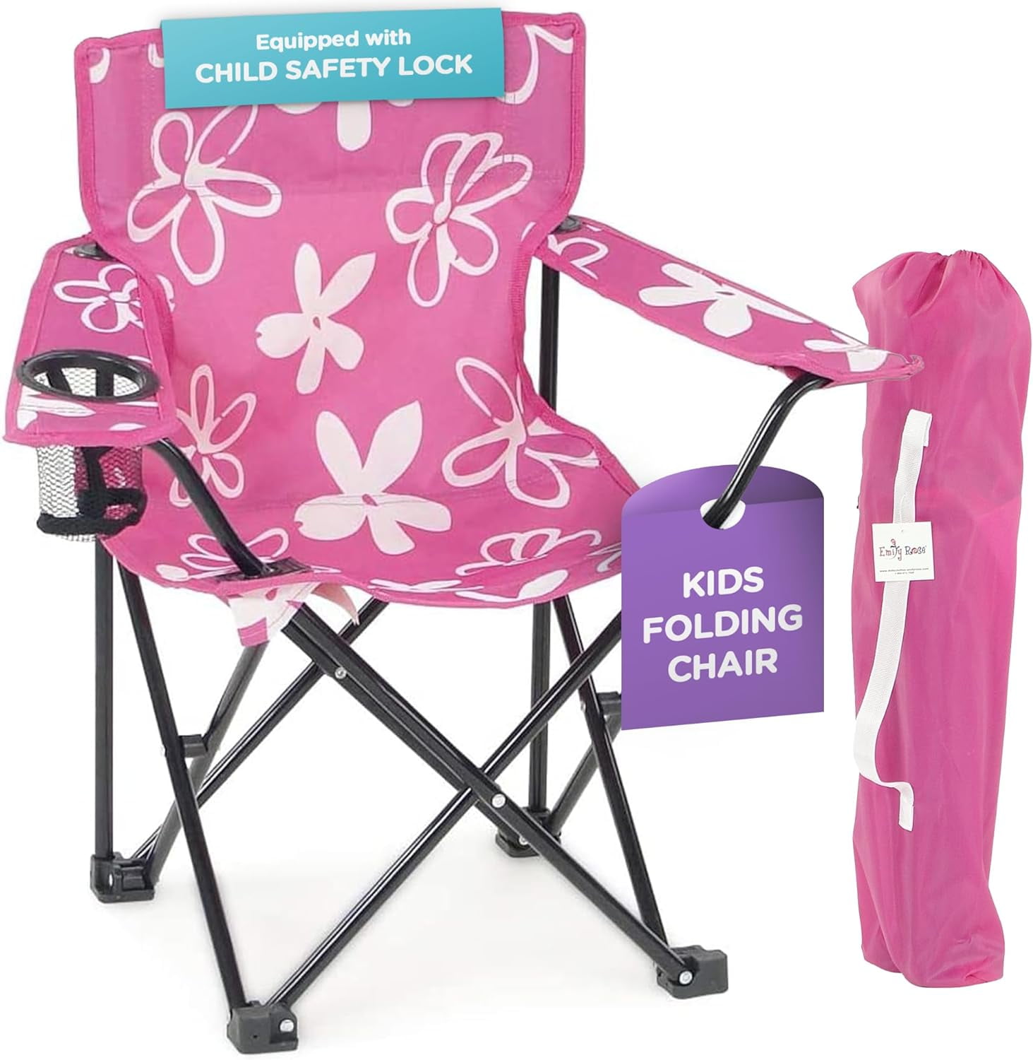 Emily Rose Kids Folding Chair | Pink Kids Beach Camping Chair for Girls with Safety Lock, Cup Holder & Carry Case- Toddler Chair for Tailgate, Travel, Lawn- for Indoor & Outdoor