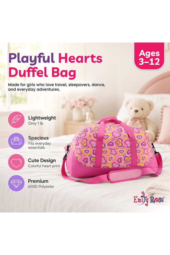 Kids Large Weekender Duffle Bag | Girls Duffel Bag with Removable Shoulder Carry Strap | 100% 600D Polyester | Perfect for sleepovers and overnight travel (Playful Hearts)