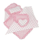 Emily Rose Reversible Pink Hearts Ruffled Doll Bedding Gift Set, 5 Piece