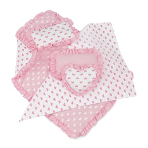 Emily Rose Reversible Pink Hearts Ruffled Doll Bedding Gift Set, 5 Piece