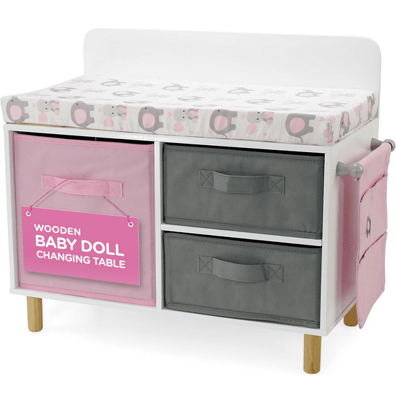 Emily Rose - Toy Baby Doll Crib Set for Little Girls, Changing Table Furniture with Clothes and Accessories Storage and Pockets, for 3+ Year Old Girls, Baby Doll Set and Accessories - White/Pink/Gray