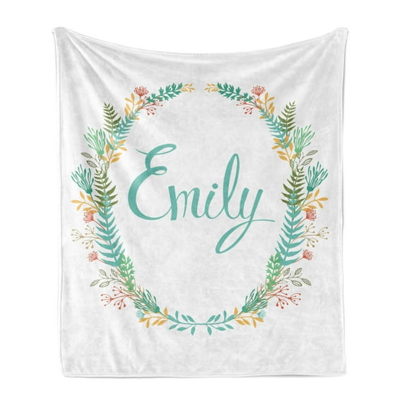 Emily Soft Flannel Fleece Throw Blanket, Composition of Popular English Girl Name with Vintage Design Inspirations Leaves, Cozy Plush for Indoor and Outdoor Use, 60" x 80", Multicolor, by Ambesonne