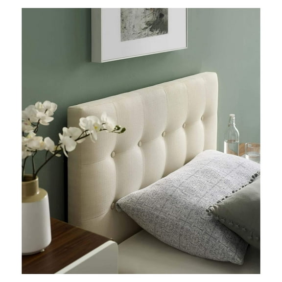 Emily Tufted Button Linen Fabric Upholstered Headboard in Ivory
