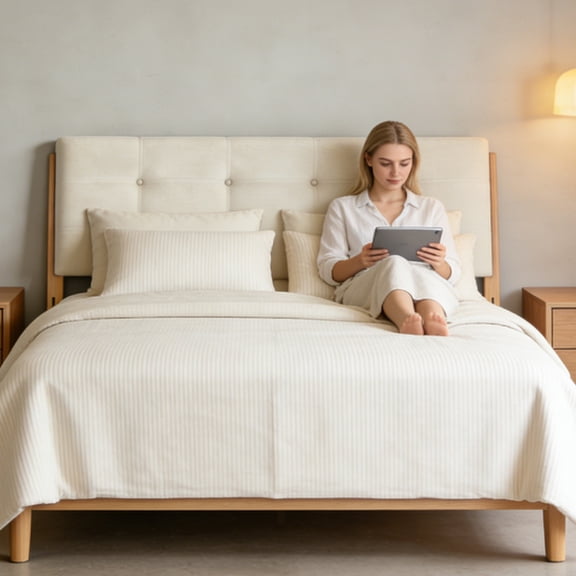 Emily Upholstered Twin Headboard with Tufted Button Design, Linen Fabric Panel Headboard for Bedroom, Adjustable Height, Ivory