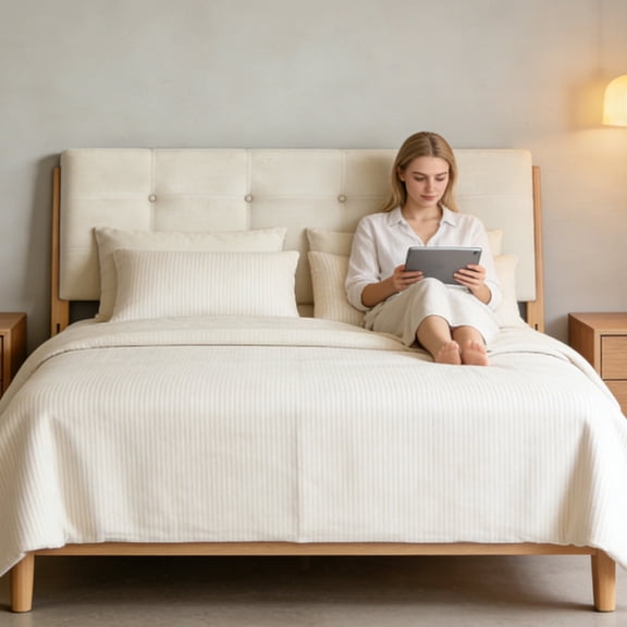 Emily Upholstered Queen Headboard with Tufted Button Design, Linen Fabric Panel Headboard for Bedroom, Adjustable Height, Ivory