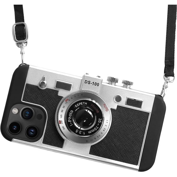 Emily in Paris Phone Cases for iPhone 12, Cute Camera Design, 3D Vintage Camera Cover Phone Case with Long Lanyard (Silver Black, iPhone 12)