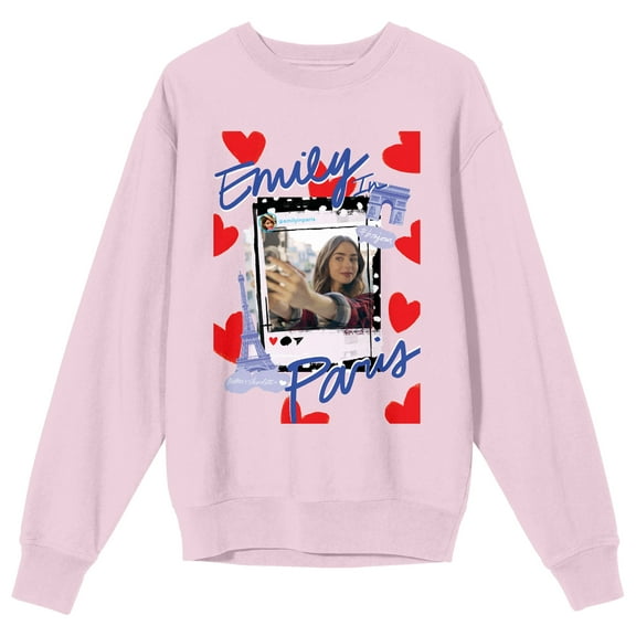 Emily in Paris Selfie and Hearts Women's Pink Crew Neck Sweatshirt-Medium