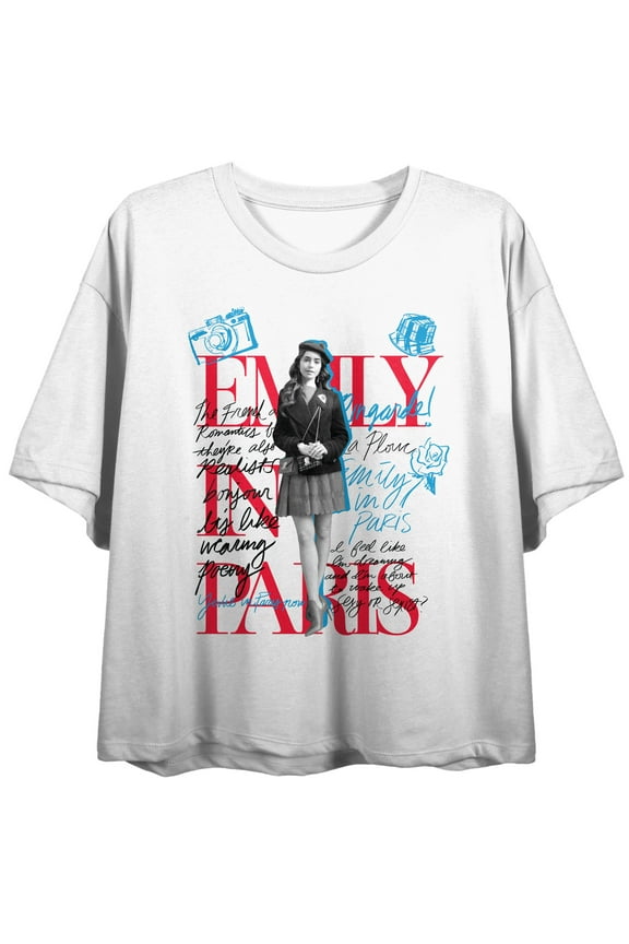 Emily in Paris Sketch Art With Emily and Title Logo Women's White Double Sided Crop Tee-XL