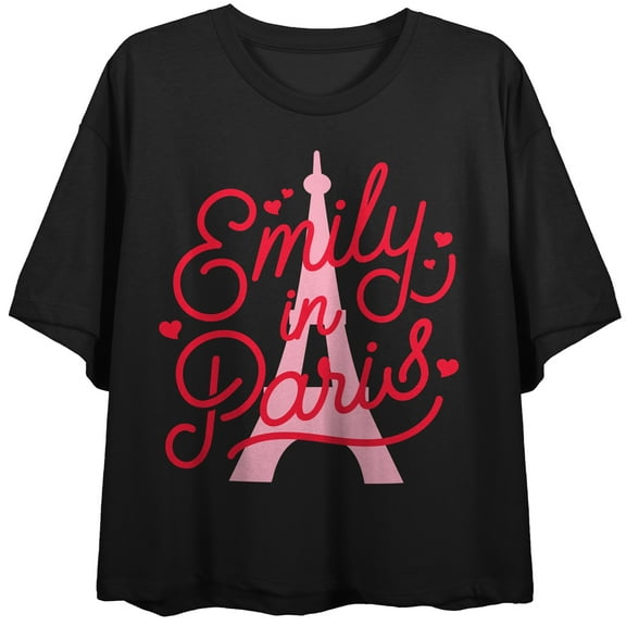 Emily in Paris Title with Eiffel Tower Background Women's Black Short Sleeve Crop Tee-Medium