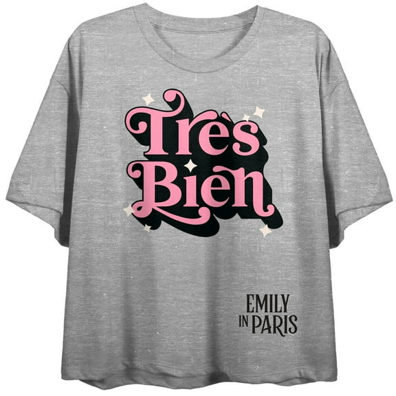 Emily in Paris Tres Bien Women's Heather Gray Short Sleeve Crew Neck Crop Tee-Small