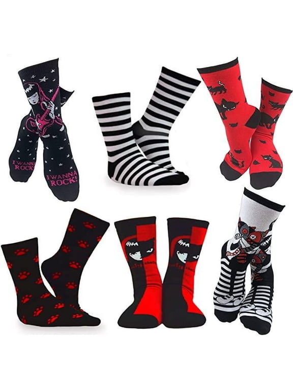 Emily the Strange Halloween Crew Socks - 6 Pack for Kids & Women Size 9-11 Novelty Socks