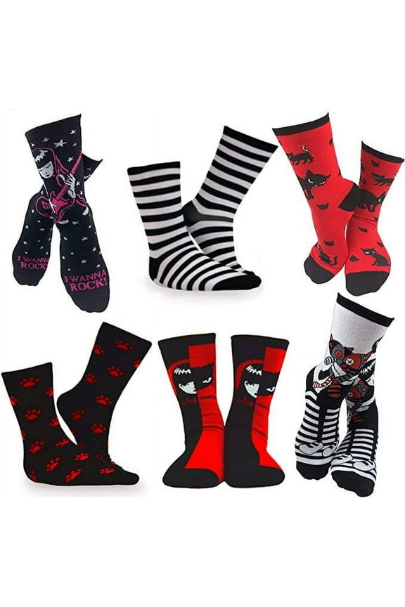 Emily the Strange Halloween Crew Socks - 6 Pack for Kids & Women Size 9-11 Novelty Socks