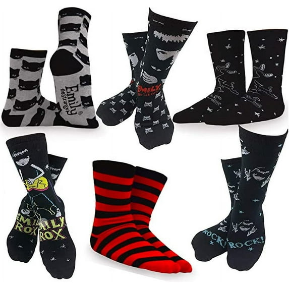 Emily the Strange Halloween Crew Socks - 6 Pack for Kids & Women Size 9-11 Novelty Socks