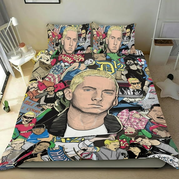 Eminem Music 3 Piece Bedding Set Comforter Set Cute Duvet Cover Sets Super Soft Girls Bedding Set Kids Bedroom Gifts,1 Duvet Cover with 2 Pillowcases Twin