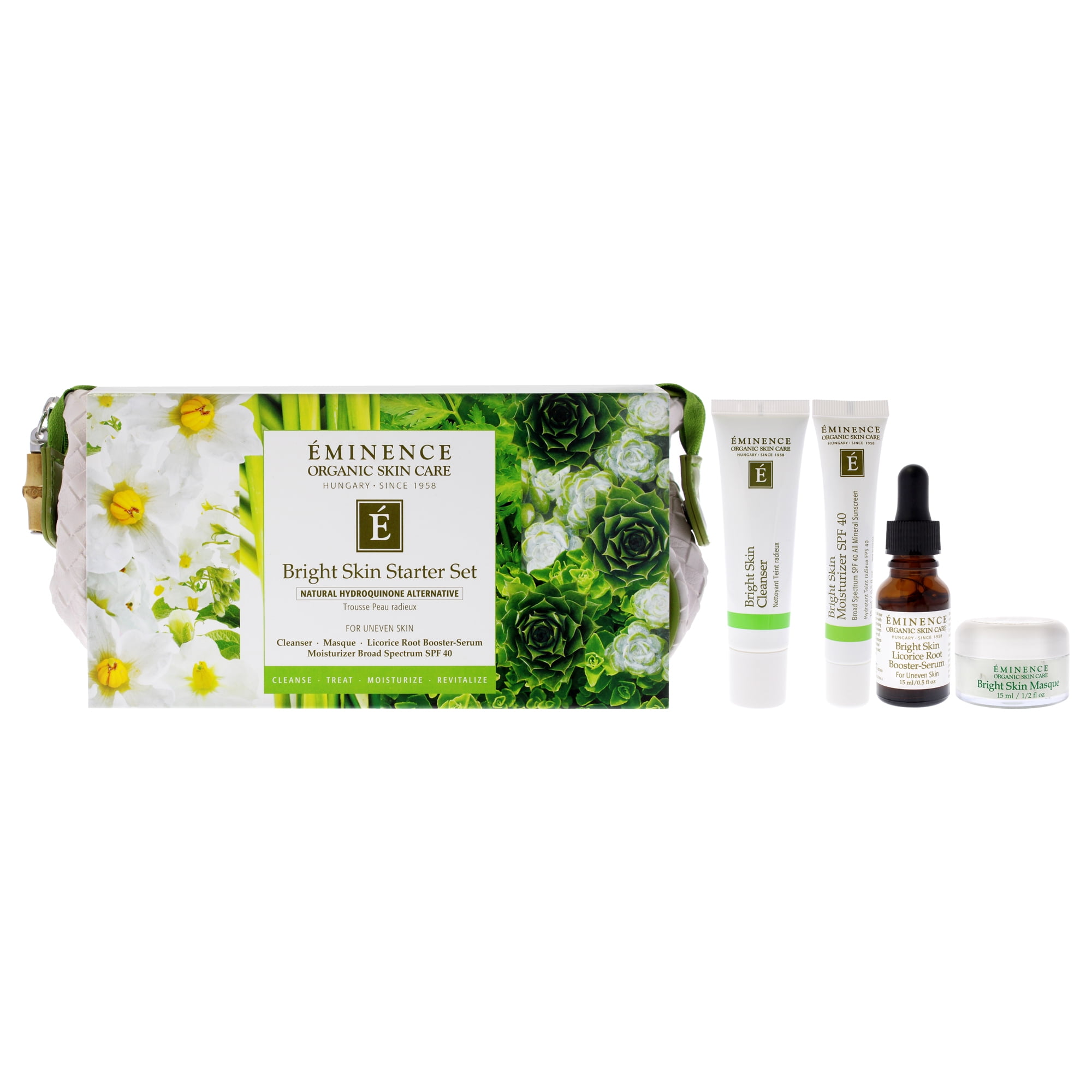 Eminence Bright Skin Starter Set , 5 Pc 1oz Bright Skin Cleanser, 0.5oz Bright Skin Masque, 0.5oz Bright Skin Licorice Root Booster-Serum, 0.5oz Bright Skin Moisturizer SPF 40, Cosmetic Bag