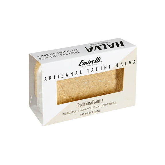 Emirelli Artisanal Halva Dessert – Authentic Middle Eastern Candy Turkish Sweets – Vegan Candy 55%-Tahini Halwa - Halvah Traditional International Sweets – Tasty Traditional Vanilla Flavor, Pack of 1