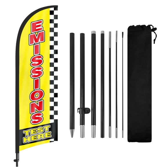 Emissions Test Here Advertising Feather Flags Banner 8Ft, Emissions Test Here Swooper Flag with Pole and Ground Stake, Advertising Feather Flag Signs for Emissions Test Here Business Yellow