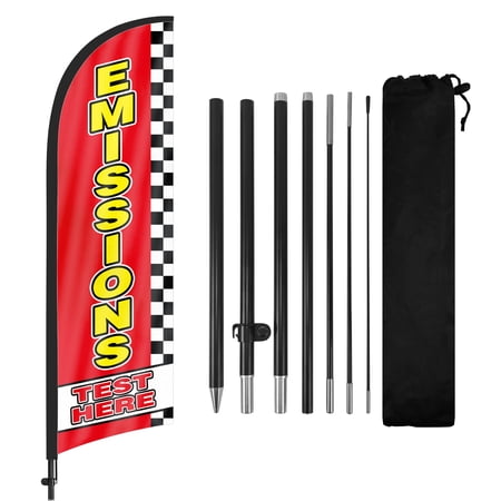 Emissions Test Here Advertising Feather Flags Banner 8Ft, Emissions Test Here Swooper Flag with Pole and Ground Stake, Advertising Feather Flag Signs for Emissions Test Here Business