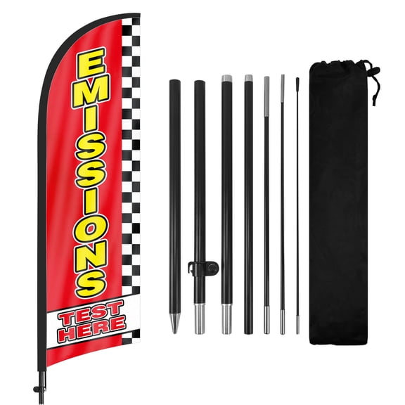 Emissions Test Here Advertising Feather Flags Banner 8Ft, Emissions Test Here Swooper Flag with Pole and Ground Stake, Advertising Feather Flag Signs for Emissions Test Here Business