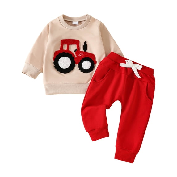 Emitonse Baby Boy Clothes Pattern Print 2Pcs Fall Outfits Boys Cartoon Ribbed Pullover Sweatshirt and Pants Set Soft Warm Long Sleeve 2pcs Size 3-6 Months,Red