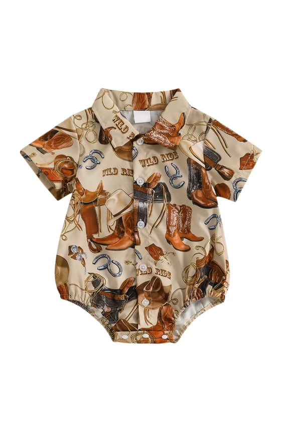 Baby Boy Romper,Boy's Western Casual Denim Button Down Shirt Bubble Suit Brown,Size 6-12 Months