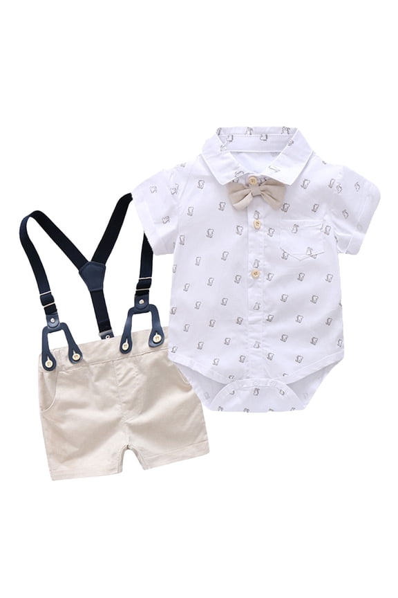 Baby Boy Suit Baby Boys Gentleman Outfits Suits Infant Short Sleeve Shirt+Bib Pants+Bow Tie Overalls Clothes Set White,Size 9-12 Months