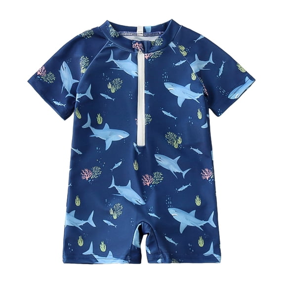 Emitonse Baby Boy Swimsuit Toddler Bathing Suits Toddler Boy Swimsuits Zip Up Short Sleeve Bathing Suit Sea Animals Coconut Tree Print Rash Guard Swimwear Blue,Size 18-24 Months