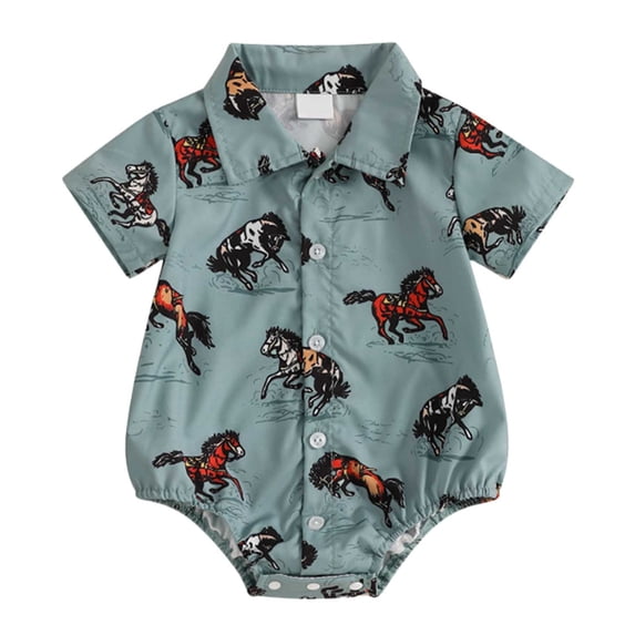 Emitonse Baby Rompers Baby Boys Baby Girls,Boy's Western Casual Denim Button Down Shirt Bubble Suit Blue,Size 6-12 Months