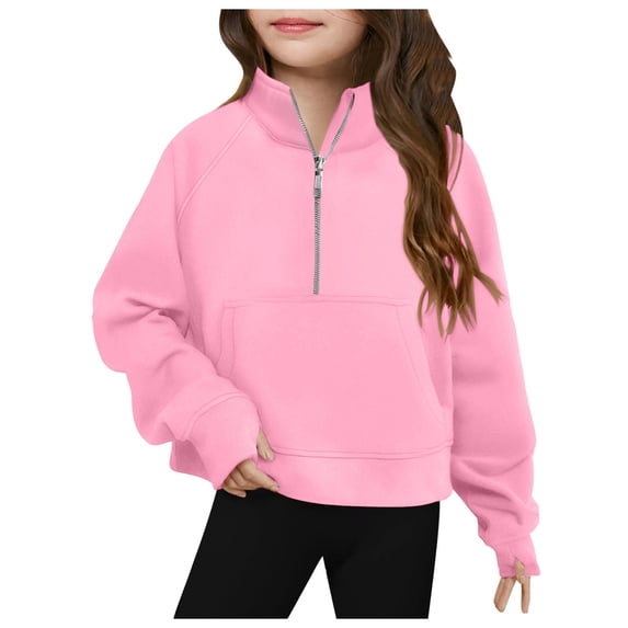 Emitonse Baby and Toddler Girl Hoodies Girls' Half Zip Loose Sweatshirt Long Sleeved Pullover Short Top Children's Fashion Clothing Pink,Size 9-10 Years