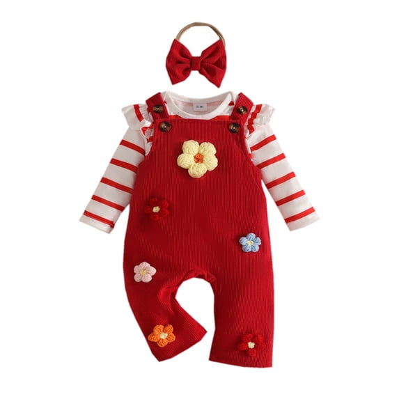 Emitonse Baby Toddler Girls 2 Piece Outfits Baby Girl Outfits Ruffled Short Sleeves Bodysuit Floral Embroidered Overall Short Sets With Bowknot Headband Red,Size 12-18 Months