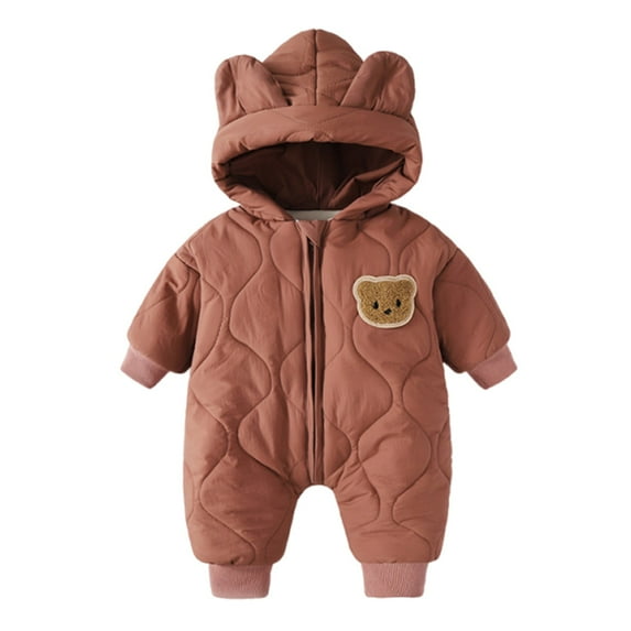 Emitonse Baby Winter Snowsuit Coat Girls' Outerwear Jackets Coats Baby Plush Long Sleeve Fleece Jumpsuit With Baby Fleece Hooded Jumpsuit Winter Outfit Size for 3-6 Months,Coffee