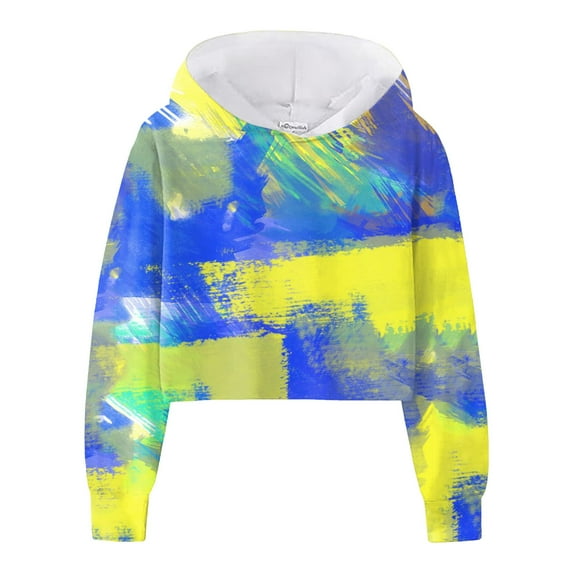 Emitonse Big Girl's Cropped Hoodie Print Hooded Sweatshirt Casual Loose Active Pullover Size for 6-7 Years,Yellow