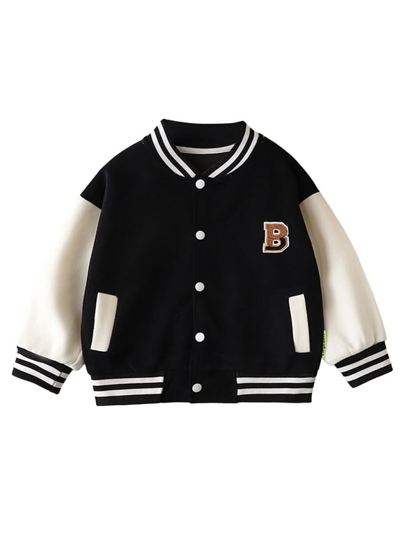 Boys Girls Varsity Baseball Jacket,Baby Girl Spring Jackets,Boys And Girls Baseball Jacket Single Layer Outerwear Splicing Hoodless Casual Fashion Jacket Fashion Size 18-24 Months,Black
