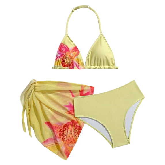 Emitonse Girls 3 Piece Swimsuit,Girl's 3 Piece Bow Print Swimsuit Spaghetti Strap Crop Top Bikini Set Cute Mesh Ruched Cover Up Skirt Light Yellow,Size 9-10 Years