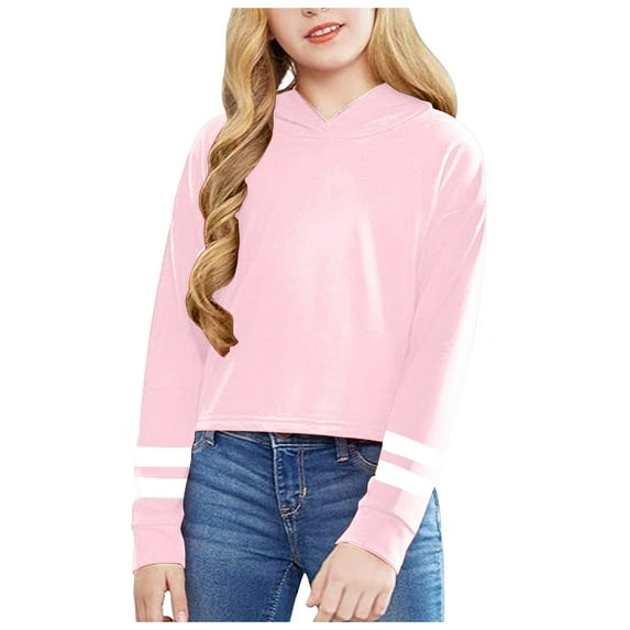 Emitonse Girls Hoodies Sweatshirt Kids Crop Tops Girls Striped Long Sleeve Fashion Hoodies Pullover Sweatshirts Winter Tops Size for 6-7 Years,Light Pink