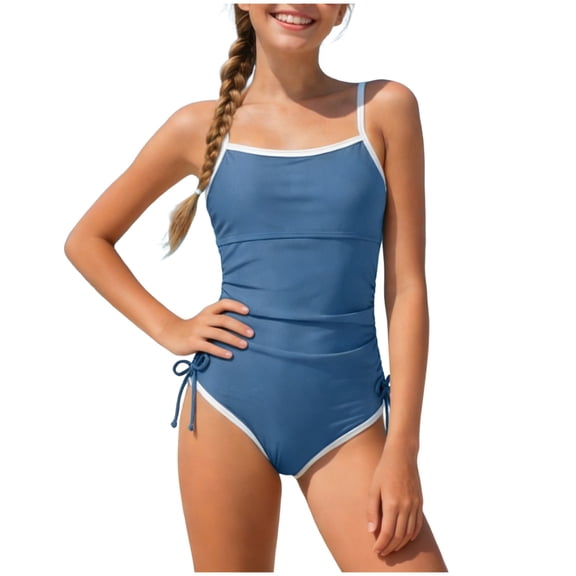 Emitonse Girls Swimsuit Bathing Suits,Girls Swimsuit Ribbed Adjustable Straps Drawstring Athletic Swimwear Grey,Size 7-8 Years