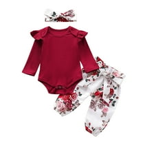 Emitonse Baby Girl Clothes Girl Outfit Baby Girl Clothes Girl Fall Winter Outfits Ruffle Floral Shirt Top 3pcs Clothing Size for 6-12 Months,Red