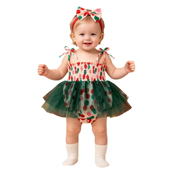Emitonse Infant Girl Rompers Girls Jumpsuit Girls' Climbing Clothes Christmas Baby Party Clothes Suspender Straps Polka Dot Mesh Ha Clothing Skirt Hair 2pcs Set Size 1-3 Months,Green