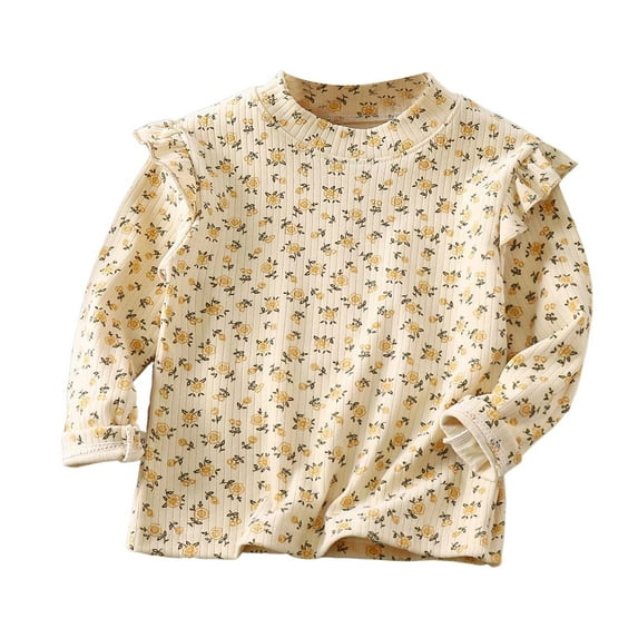 Emitonse Long Sleeve Shirt Toddler Girls Solid Color T-Shirt Kids Blouse Plain Ruffle Sleeve Top Baby Girl Cotton Casual Clothes Size for 12-18 Months,Yellow