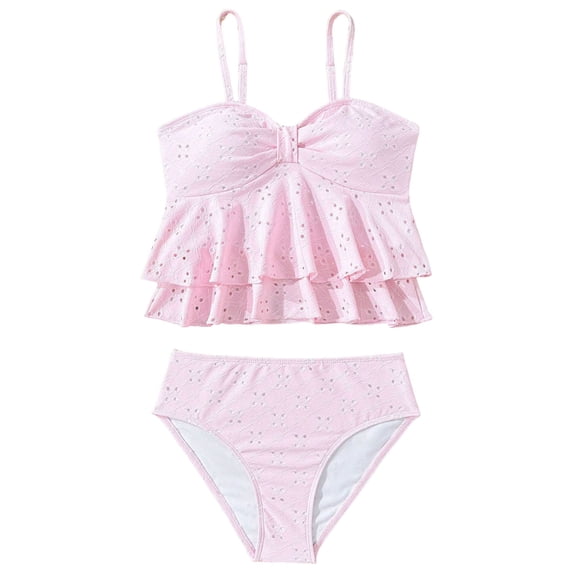 Emitonse Swim Suits for Teens Girls Swimsuit,Girl's 2pcs Tankini Swimsuit Ruffle Flounce Bathing Suit Eyelet Embroidery Swimwear Pink,Size 9-10 Years